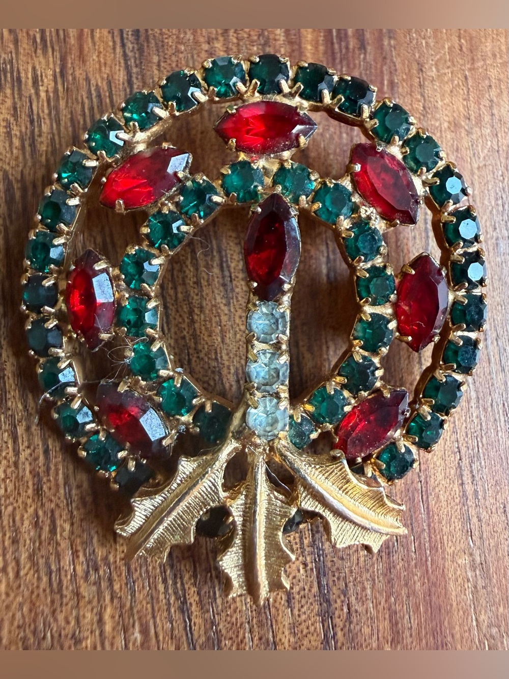 Vintage Gold-Tone Brooch Christmas Holiday Candle Green Red Rhinestones